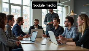 Dutch business team managing social media in office