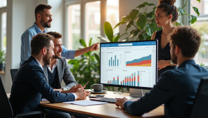 Team reviews online advertising analytics in modern office