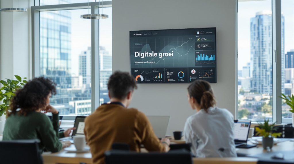 Small business team reviewing digital analytics with 'Digitale groei' on digital screen