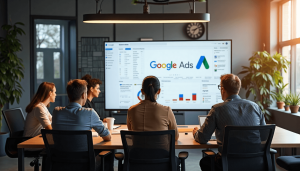 Team in kantoor overlegt bij Google Ads dashboard